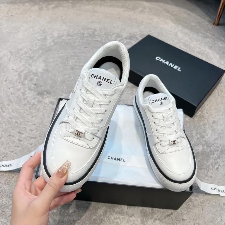 View 4 of Chanel-Inspired White Leather Sneakers with Hardware
