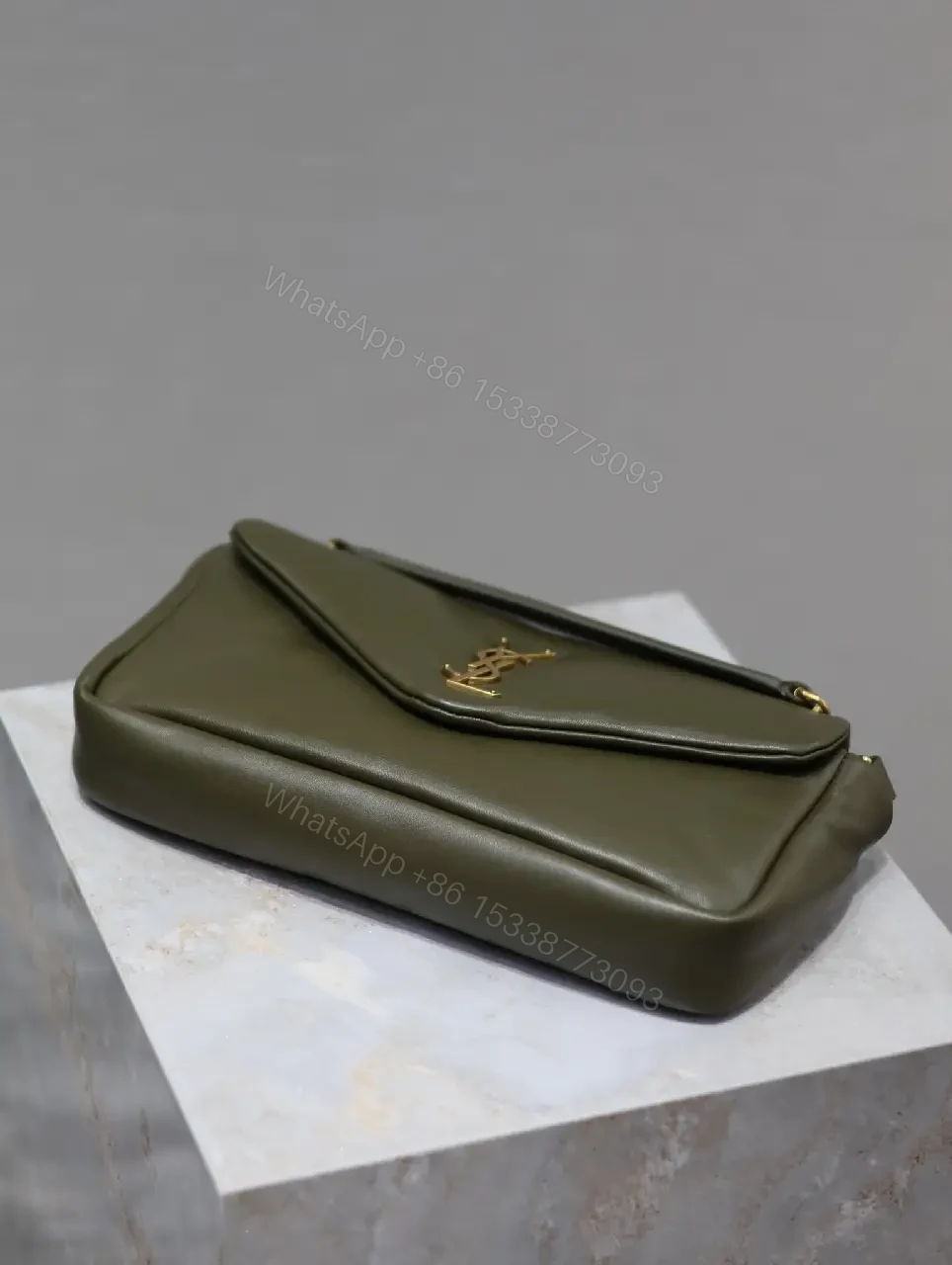 View 2 of Olive Leather Mini Bag: Structured, Gold YSL Logo, Compact Elegance