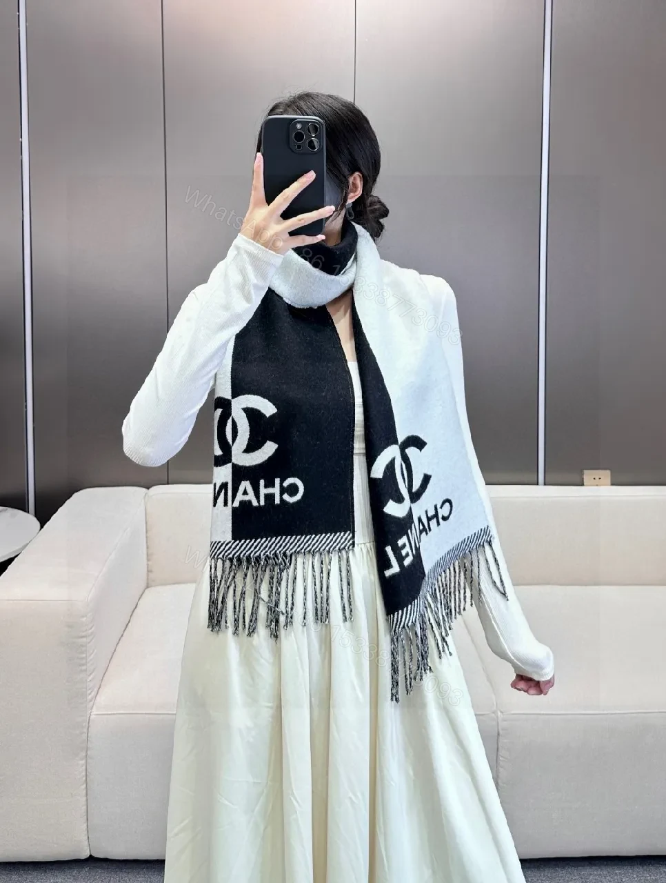 View 9 of Black-White Luxe Throw Scarf: Bold Contrast Weave, Fringe Edge