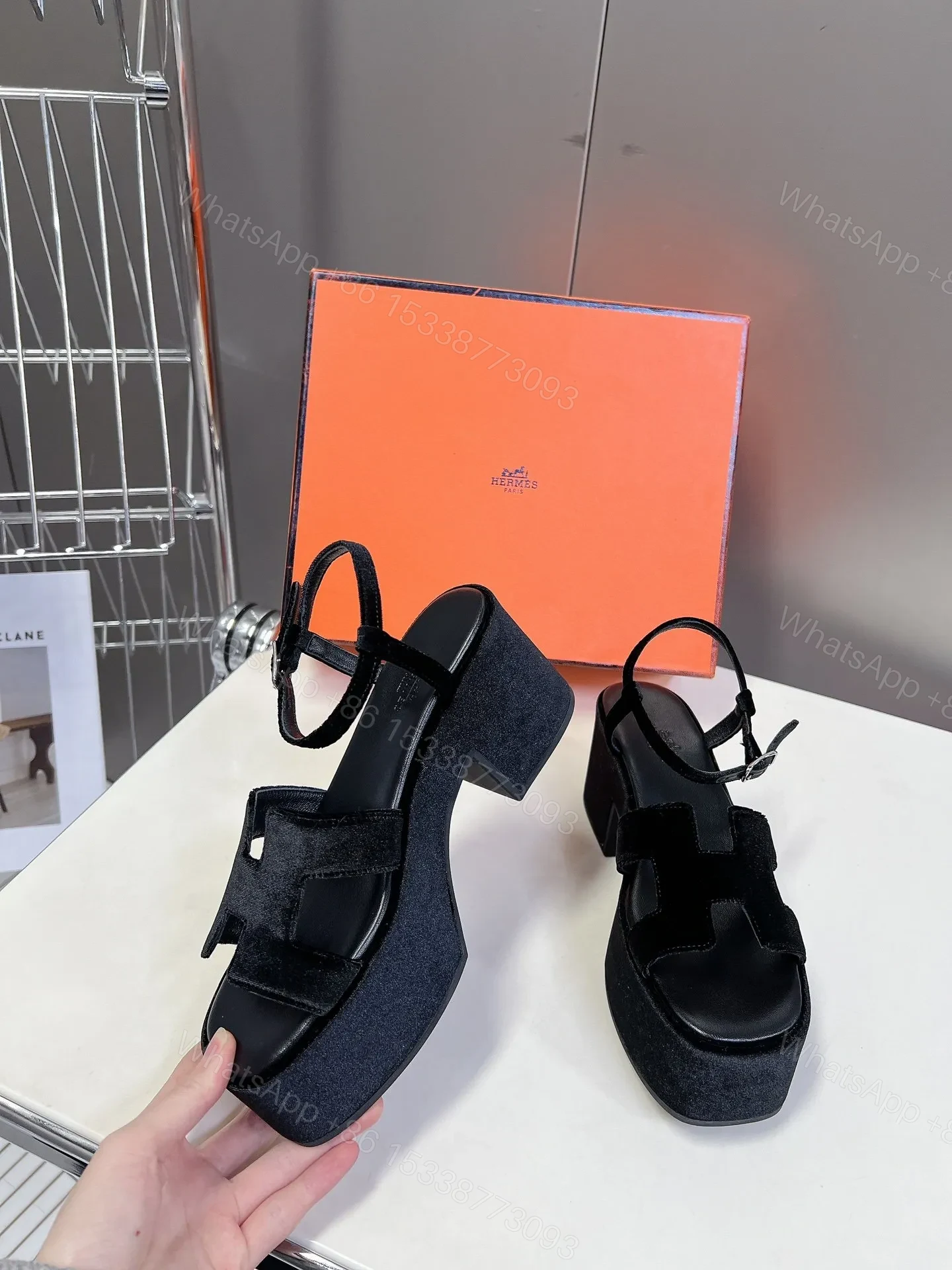 View 5 of Hermes Women Black Suede Leather Sandals