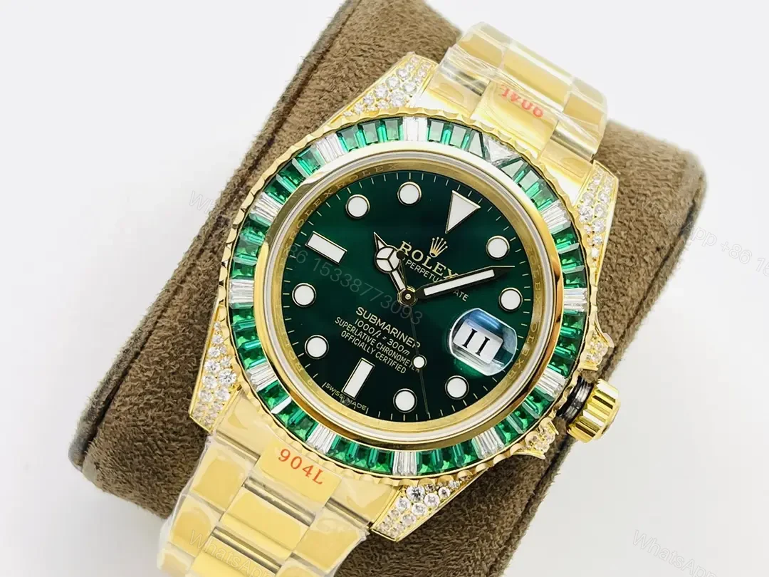View 2 of Rolex Submariner Yellow Gold Green Black Bezel Paved Diamond Oyster Bracelet 40mm RLX-SUB-YG-GRNBLK-PAV40-OYS