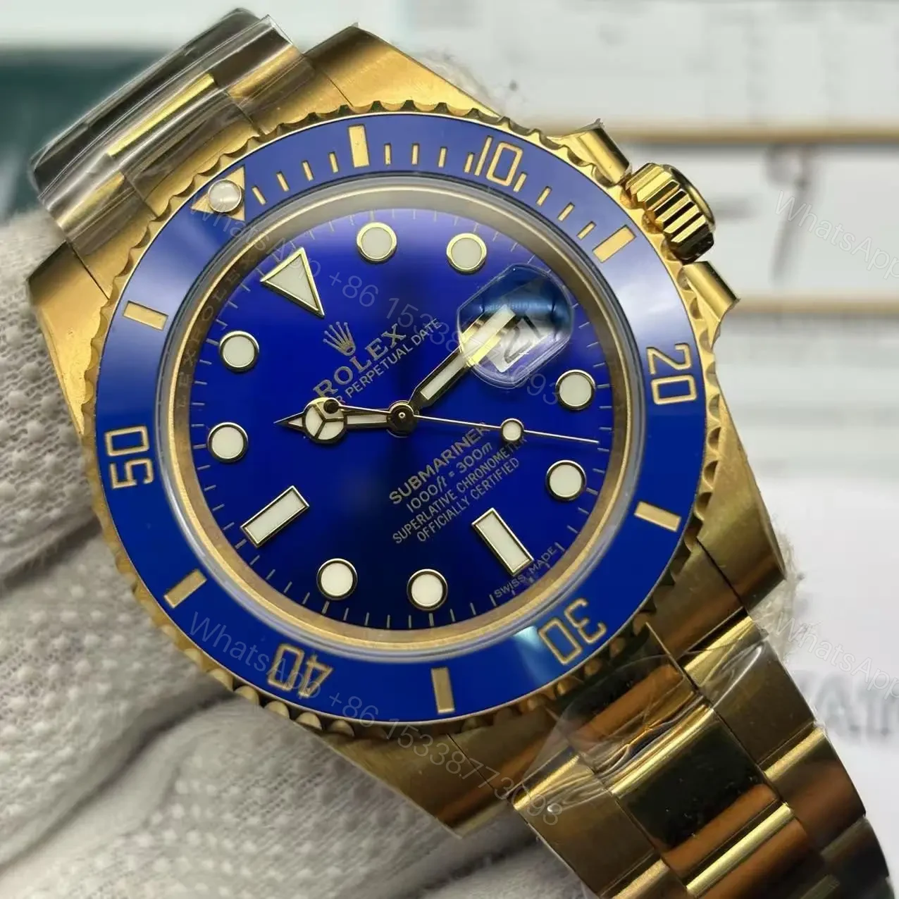 View 5 of Rolex Submariner Full Gold Blue Dial Swiss Clone Replica
