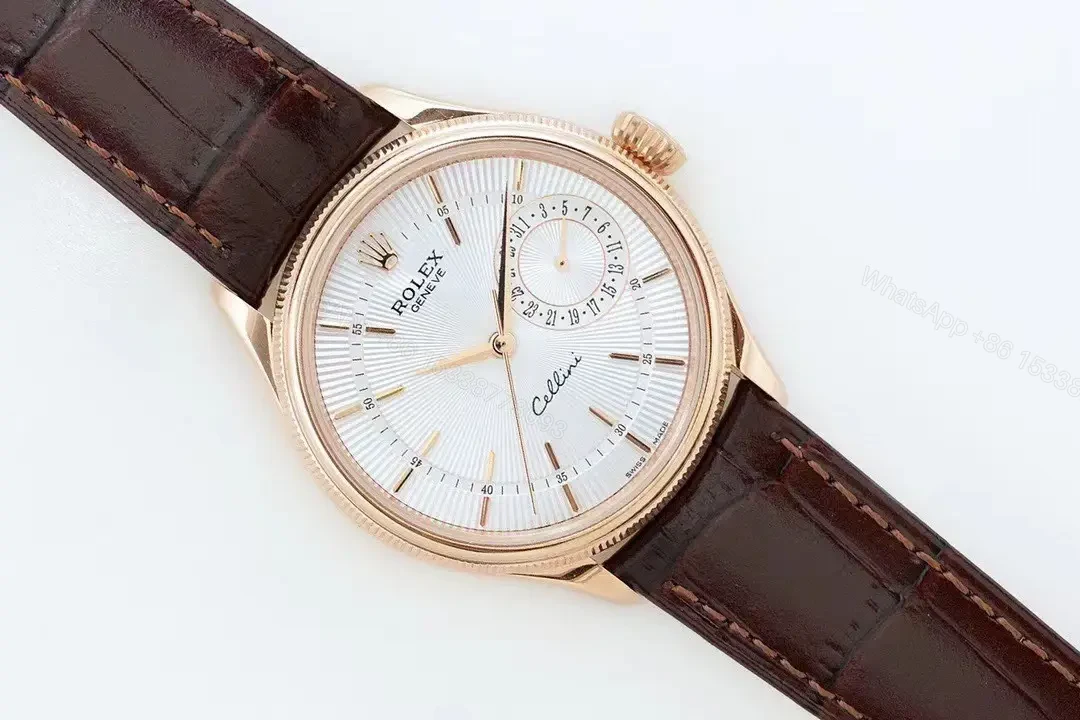 View 3 of Best Rolex Cellini Calendar 50529 replica 39MM White Dial Brown Leather Strap Edition RG-CELLINI-CALENDAR-50529-WHITE-LEATHER
