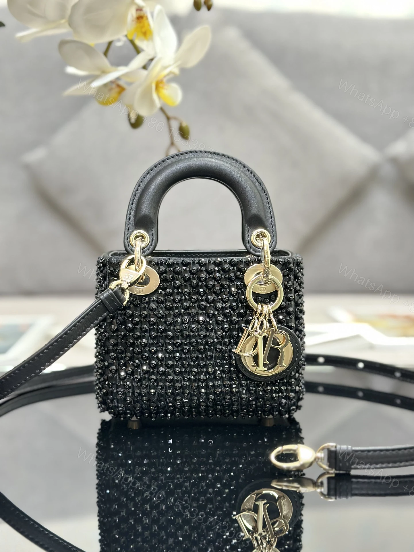 高仿Dior Lady Dior黑色滿鑽迷你戴妃包時尚斜挎包 — view 1