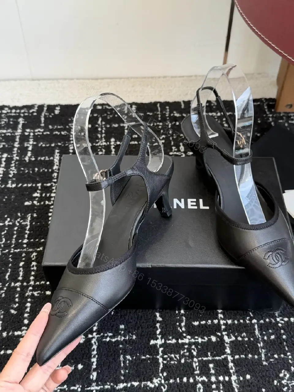 View 7 of Black Leather Sandal Heels with Chanel Logo, Slingback Style