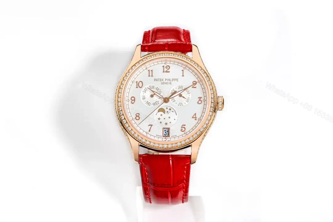 Patek Philippe Complications Collection Annual Calendar Moon Phase Women’s Watch in Rose Gold with Diamond Set Case Red Leather Strap and Mother of Pearl Dial — view 1
