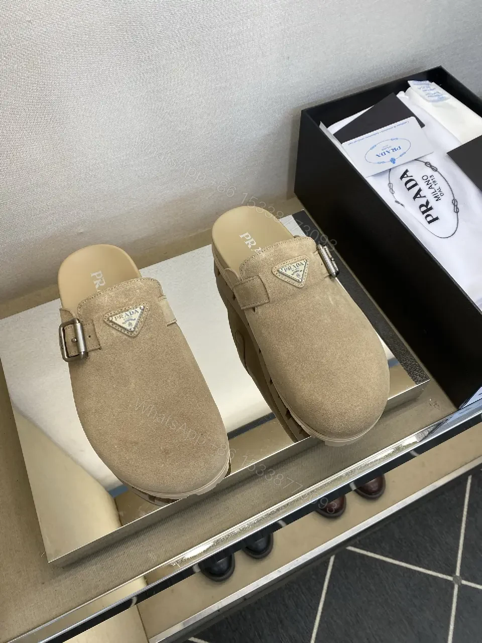 View 3 of Beige Suede Leather Prada Logo Mule Slippers