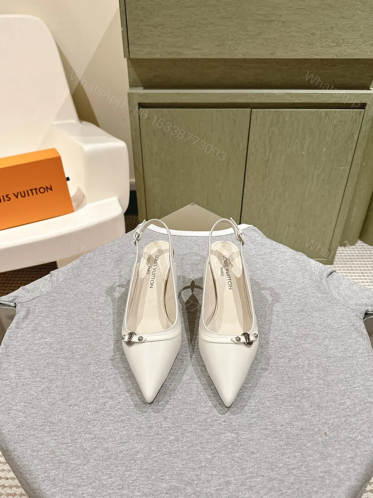 LV Women White Leather Pointed Slingback Heels — view 1