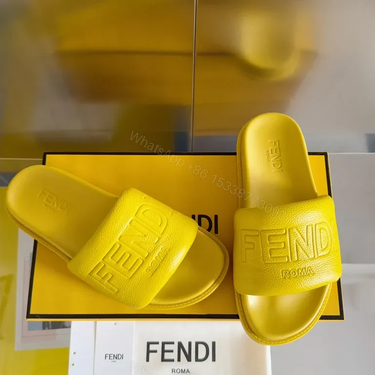 View 7 of Yellow Leather Slip-On Sandals by Fendi Roma + Contoured Comfort