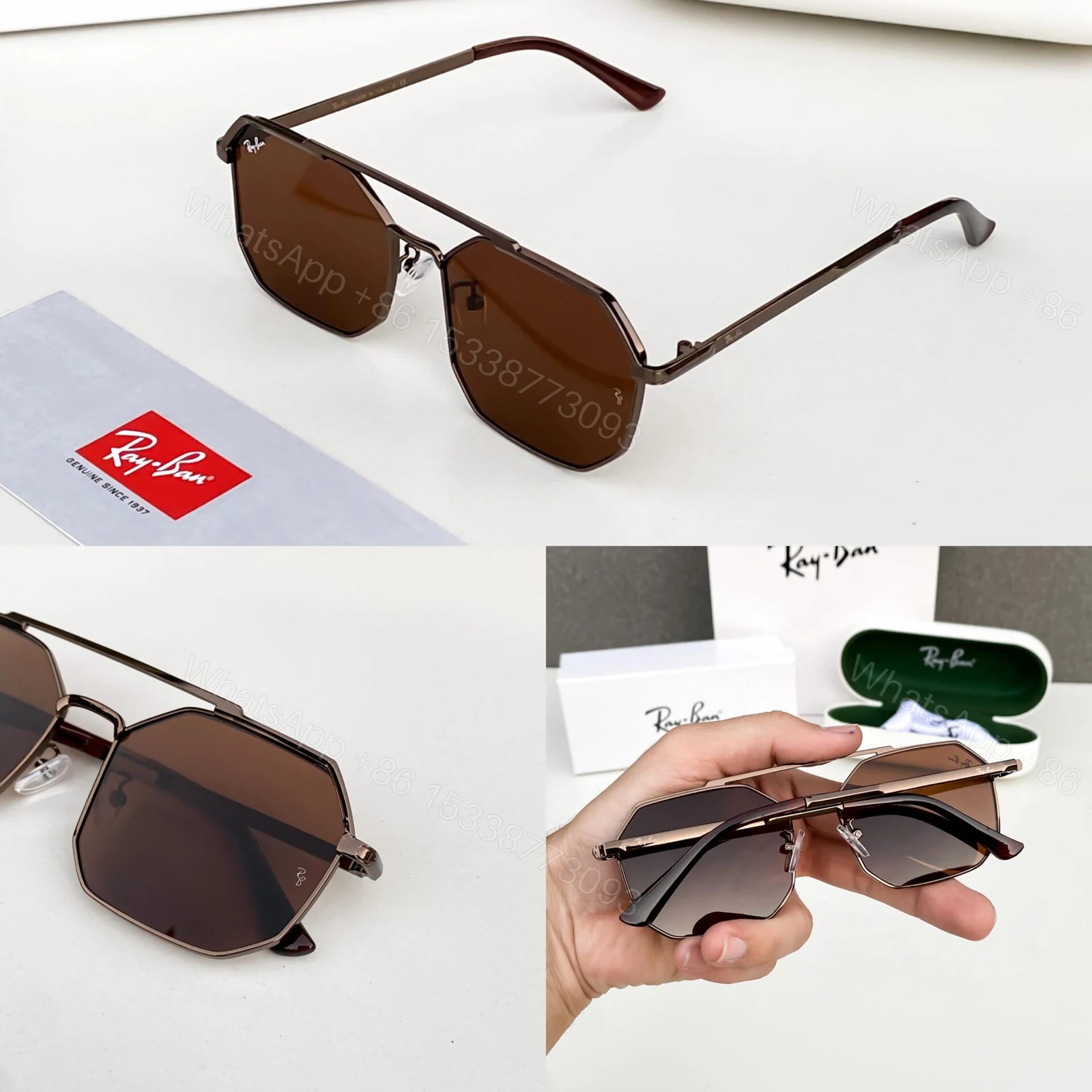 View 3 of Ray-Ban Hexagonal Sunglasses Brown Lens Metal Frame