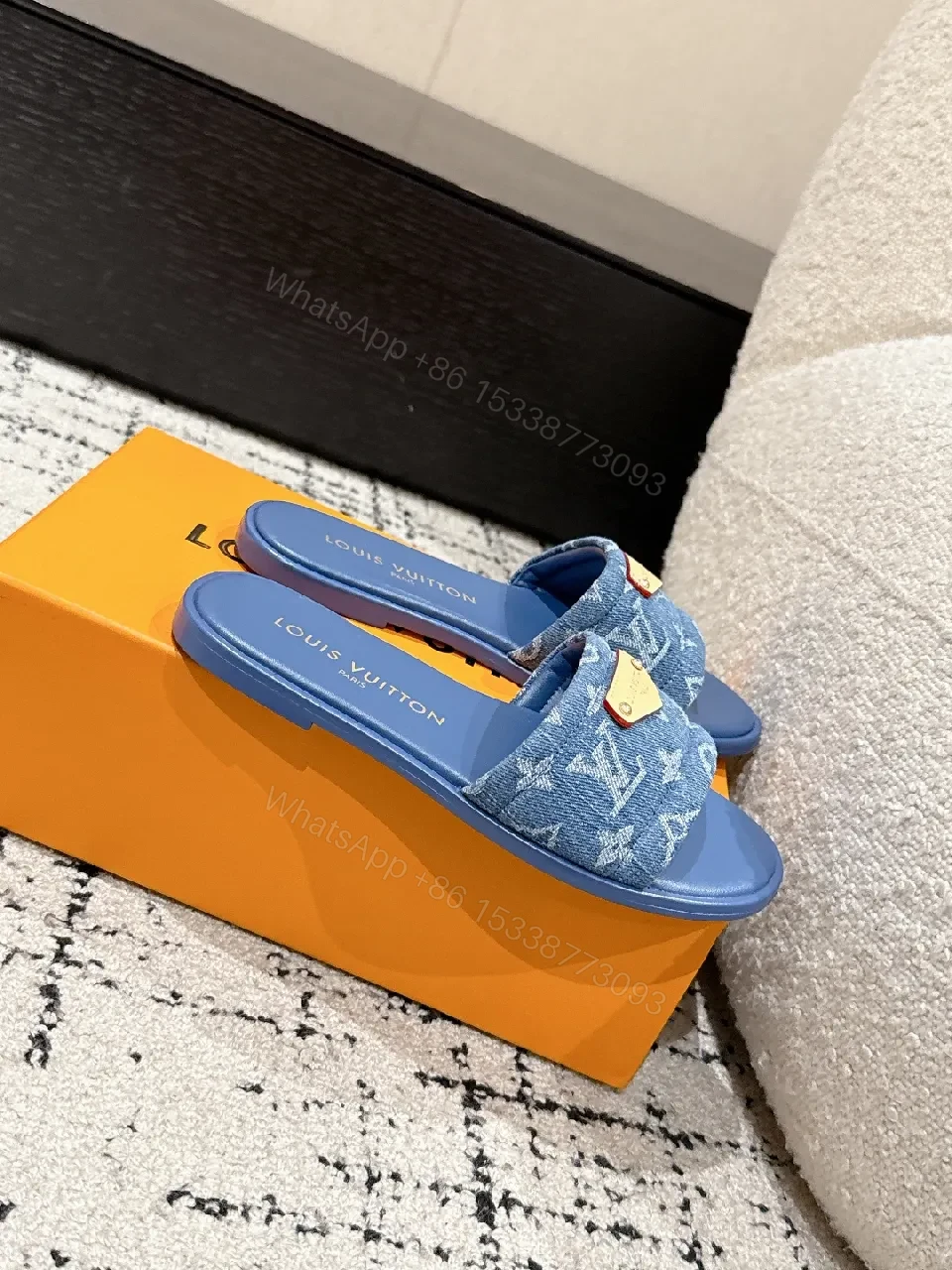 View 4 of Denim Monogram Slide with Gold Plaque: Modern Luxe Comfort