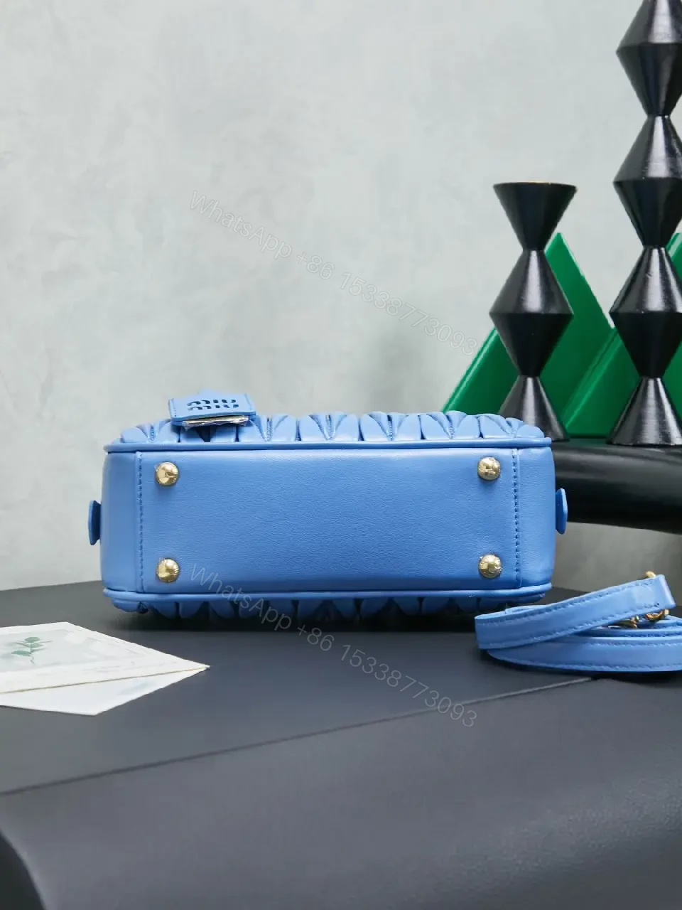 View 4 of Bright Blue Quilted Structured Satchel with Top Handles Analogous to Miu Miu-style Gold Hardware Bag