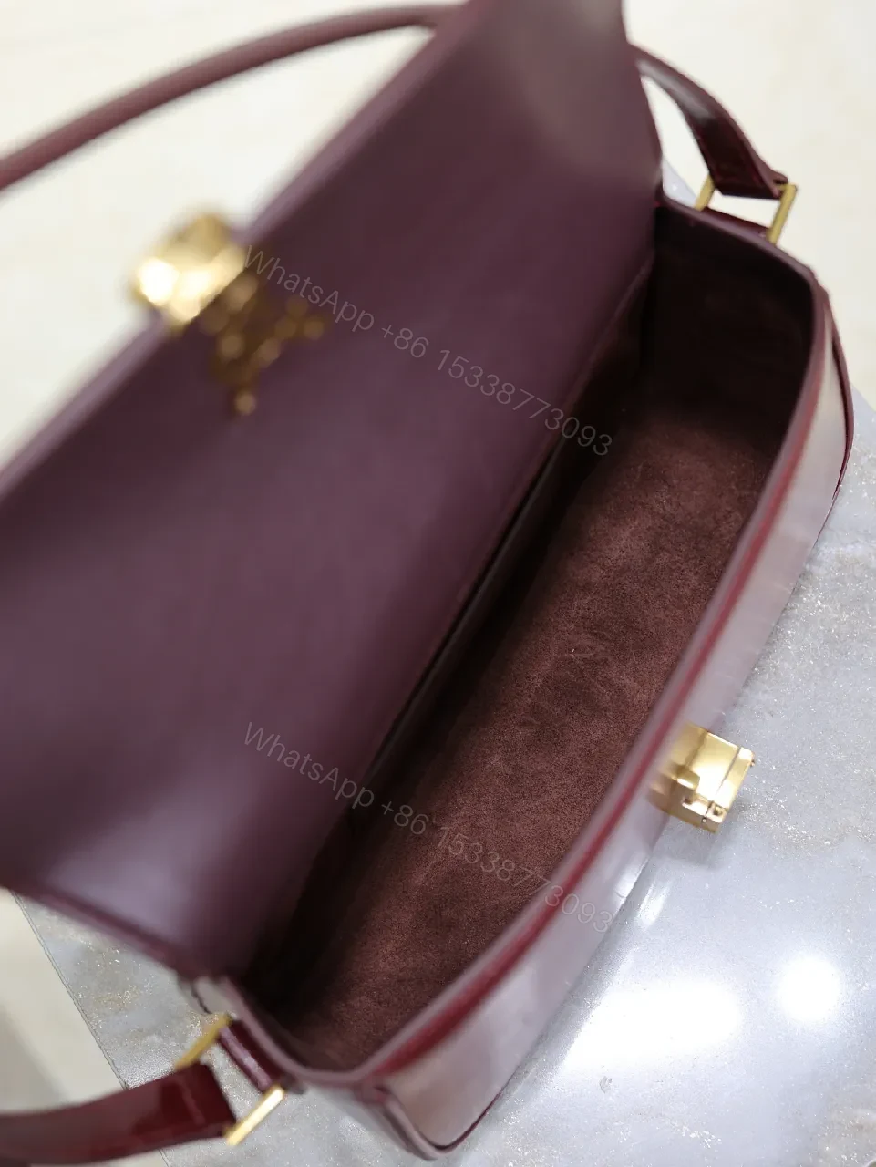 View 3 of Burgundy Velvet Crossbody Bag with Gold Hardware