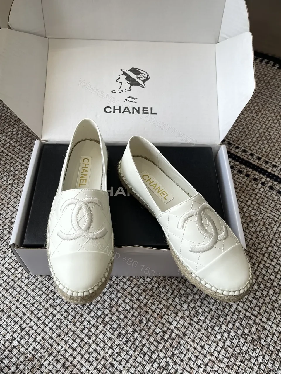 View 4 of Textured White Espadrille Loafers: Quilted Leather & Jute Sole