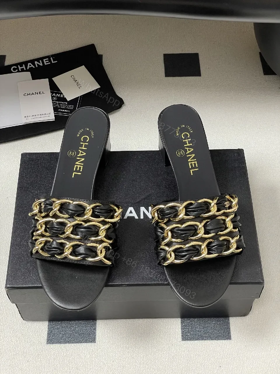 View 9 of Black Leather Chain-Detail Mules, Open-Toe, Low Block Heel