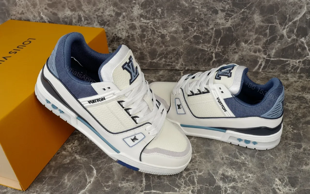 View 7 of Bright White Navy Lux Sneaker: Modern Comfort & Subtle LV-Inspired Details