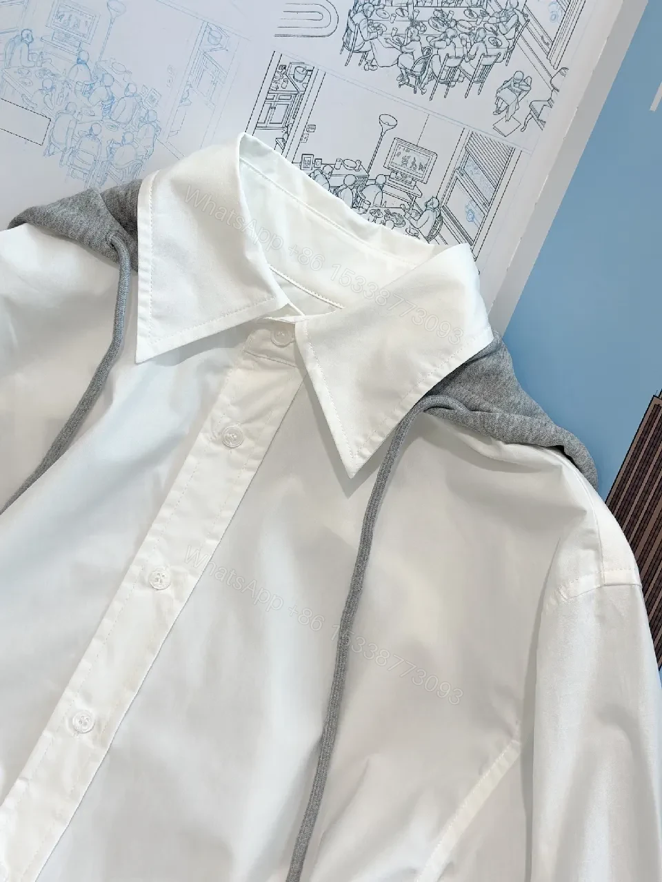 View 8 of White Cotton Shirt Dress Hoodie Detail: Modern Minimal Luxury