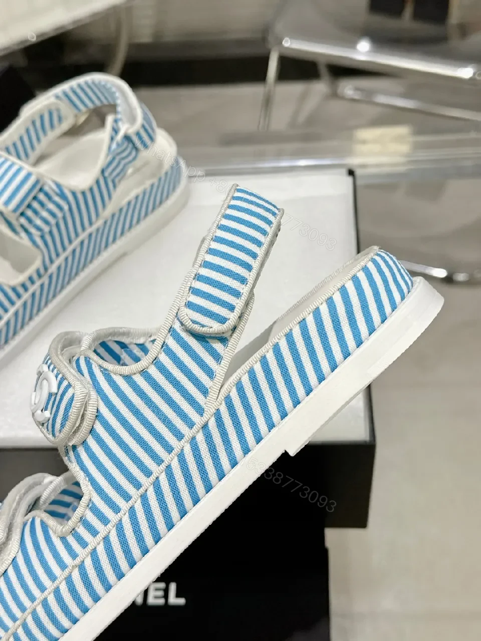 View 5 of Blue Striped Velcro Sandals - Luxe Casual Footwear