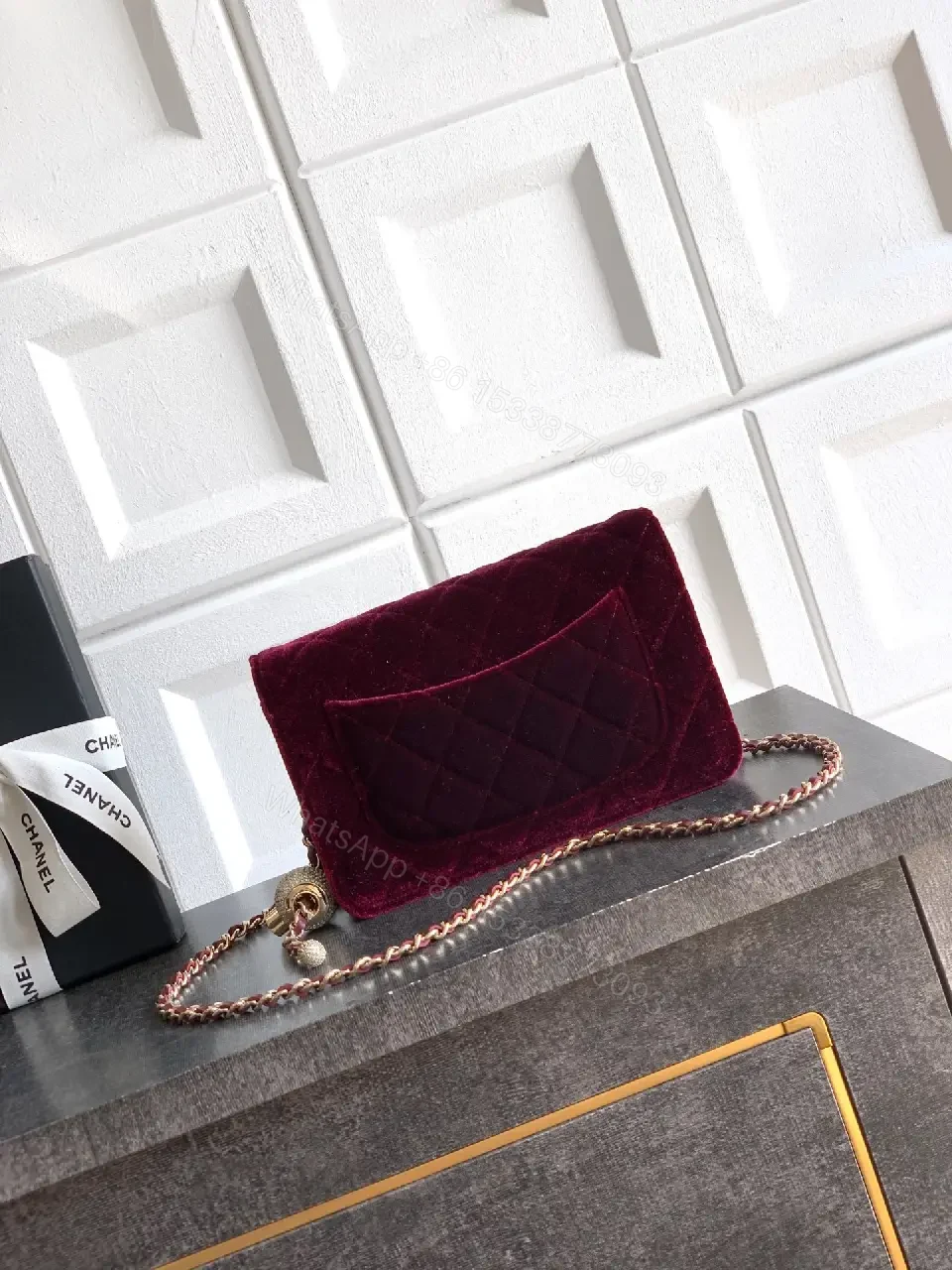 View 3 of Velvet Crossbody Bag: Burgundy, Gold Hardware, Quilted Chic