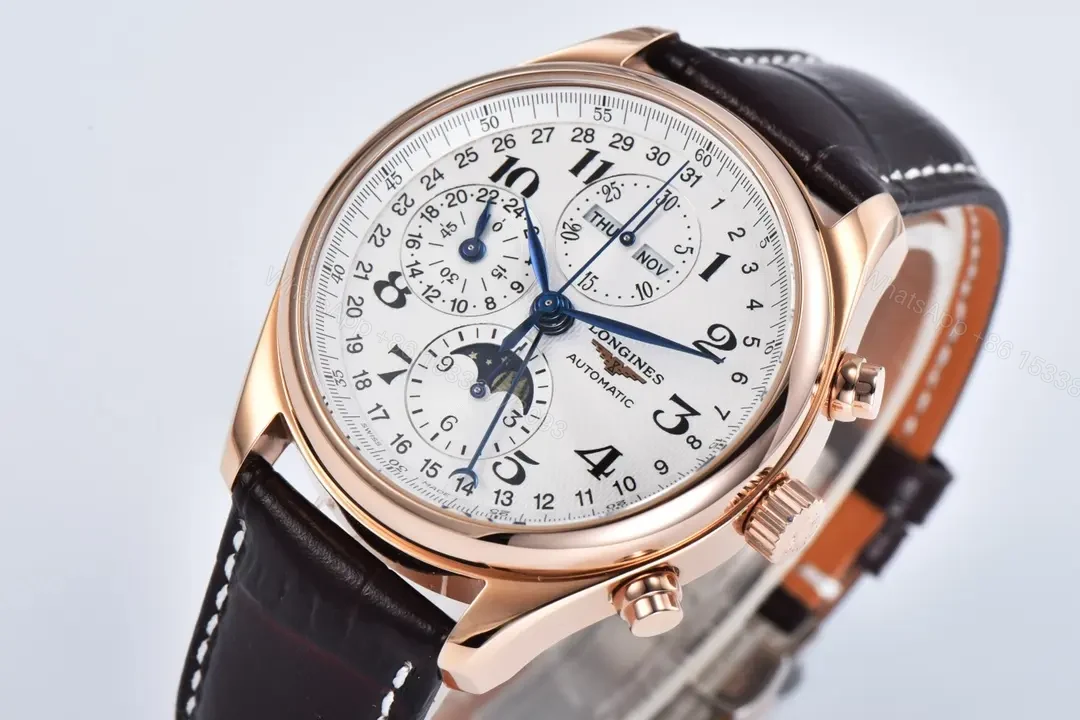 View 3 of Longines Master Collection Moonphase Chronograph Watch Rose Gold with White Dial and Brown Leather Strap