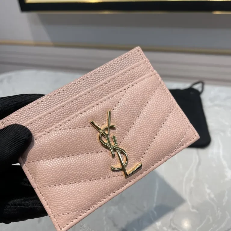 View 7 of Pink Chevron-Quilt Card Holder with YSL Logo, Calfskin Leather
