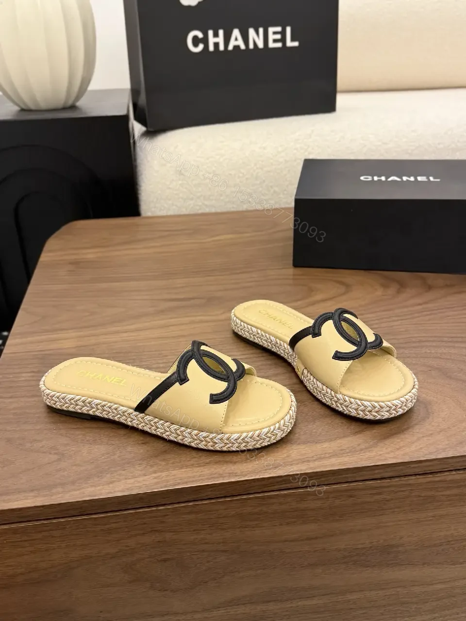 View 9 of Neutral Sand Leather Espadrille Slides with Logo Strap