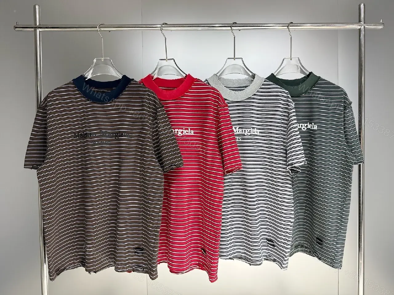 View 2 of Striped Cotton Tee | Rib Knit Crew Neck | Subtle Logo Everyday Wear
