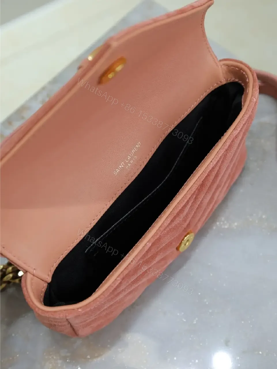 View 8 of Dusty Velvet Crossbody Bag with Gold Monogram Hardware - Modern Chic
