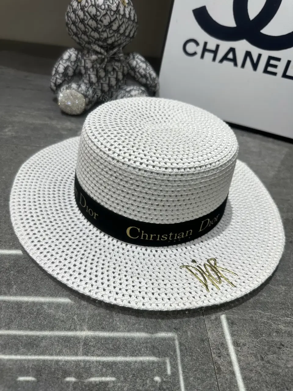 View 8 of Beige Straw Wide-Brim Hat with Dior Band (Emblem)