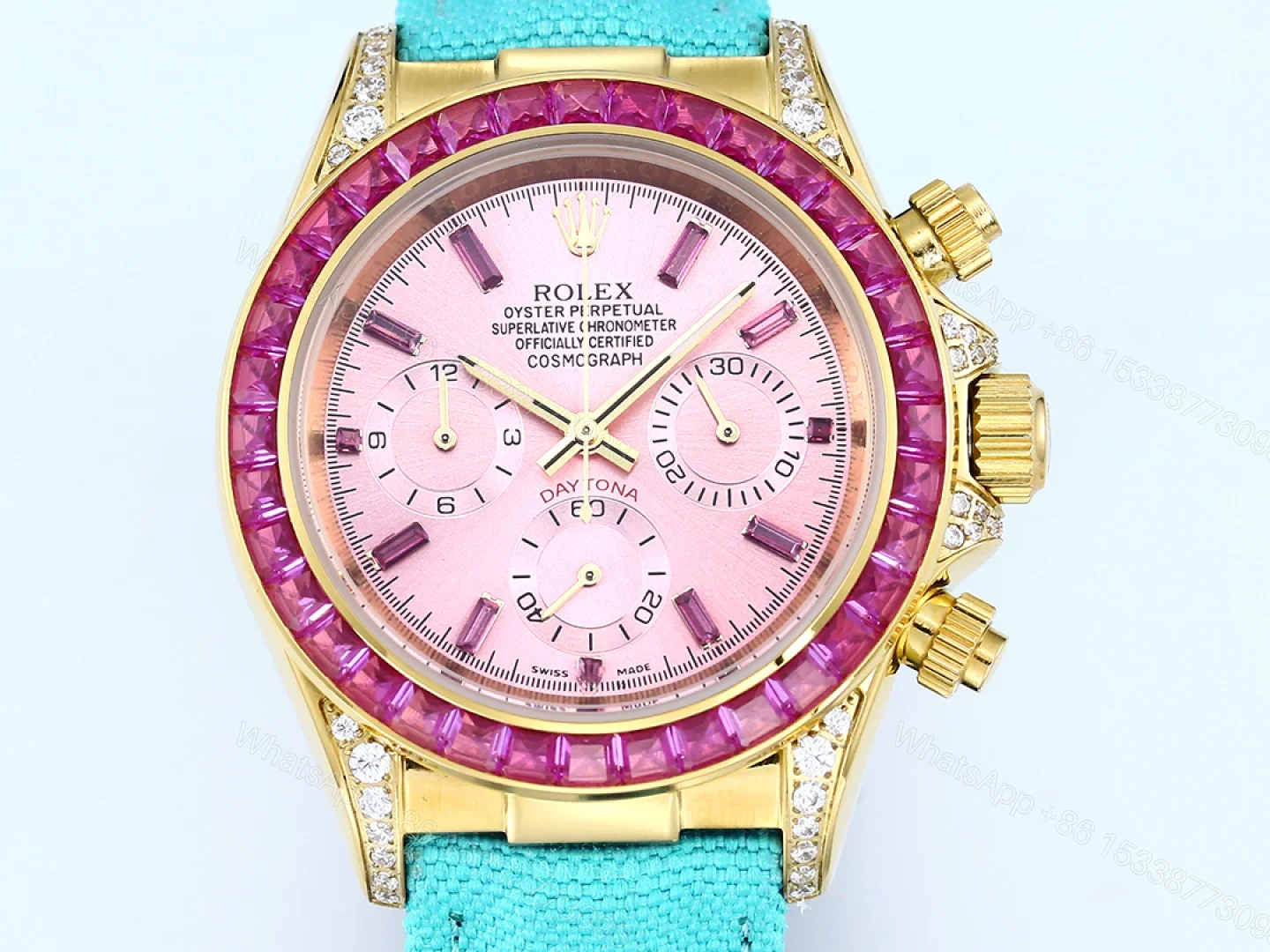 View 4 of Rolex Daytona Pink Ruby Replica 43MM Exclusive Turquoise Fabric Strap RG-ROLEX-DAYTONA-PINK-TURQUOISE-43