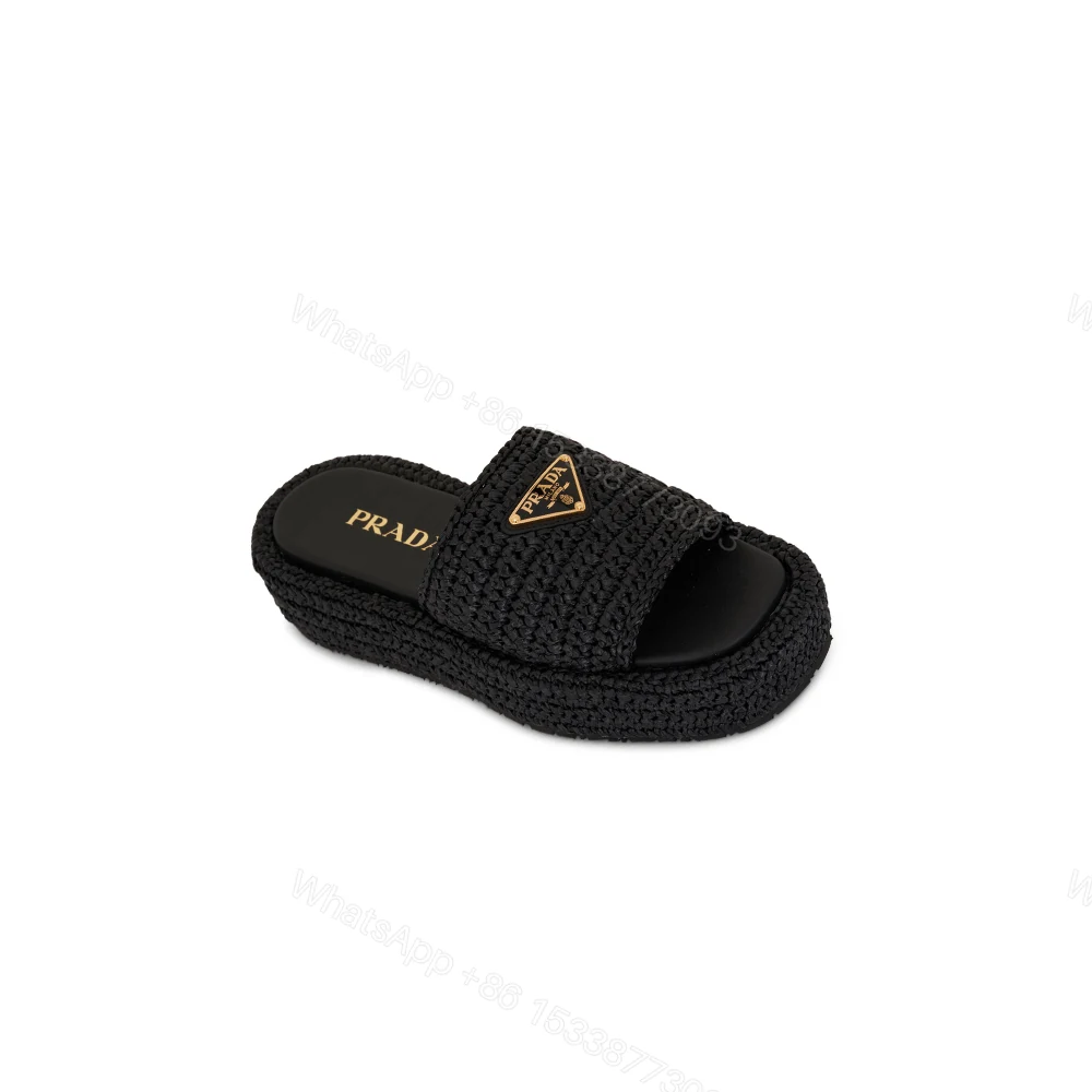 Prada Natural Crochet Flatform Slides Gold Hardware Black — view 1
