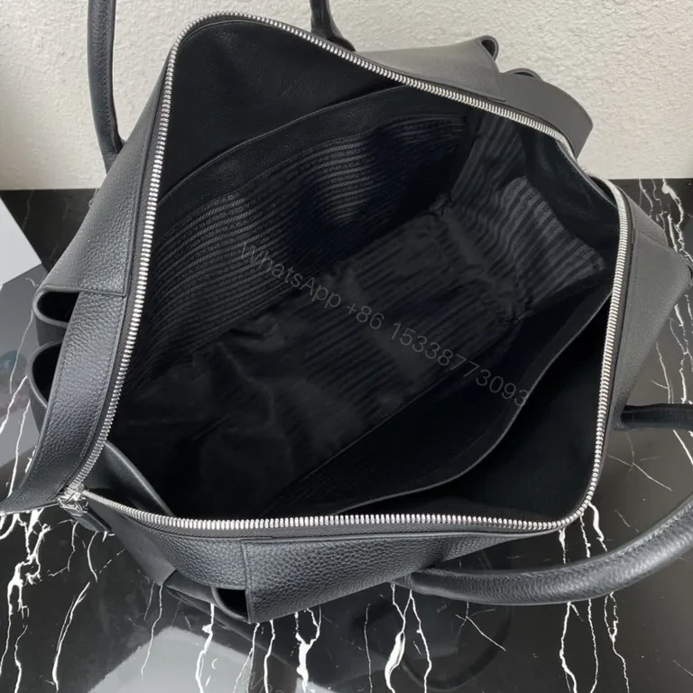View 8 of Structured Black Pebbled Leather Carryall: Prada-inspired Luxury Tote