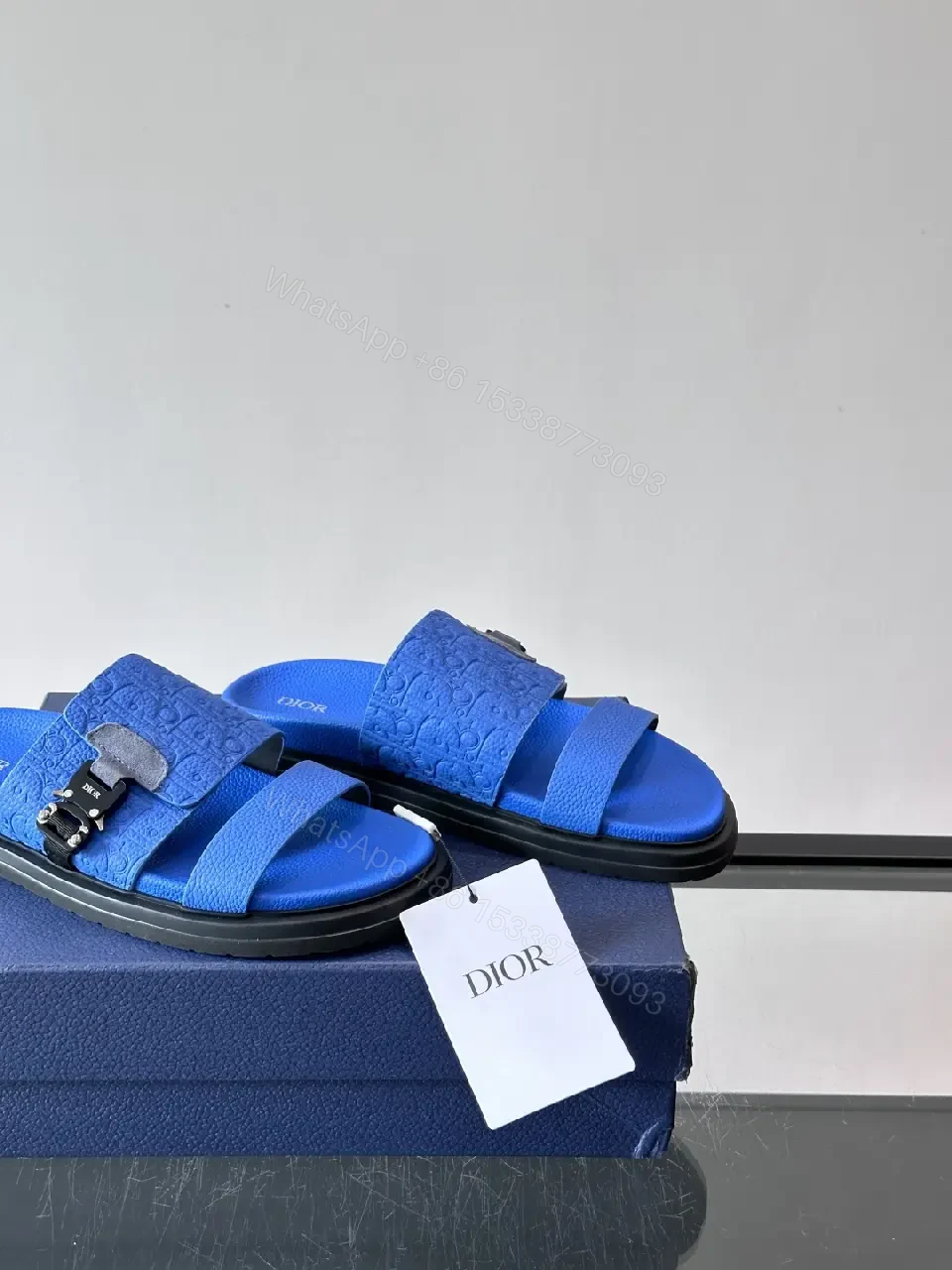 View 10 of Blue Embossed Slide Sandals with Buckle - Dior Inspired Sm?