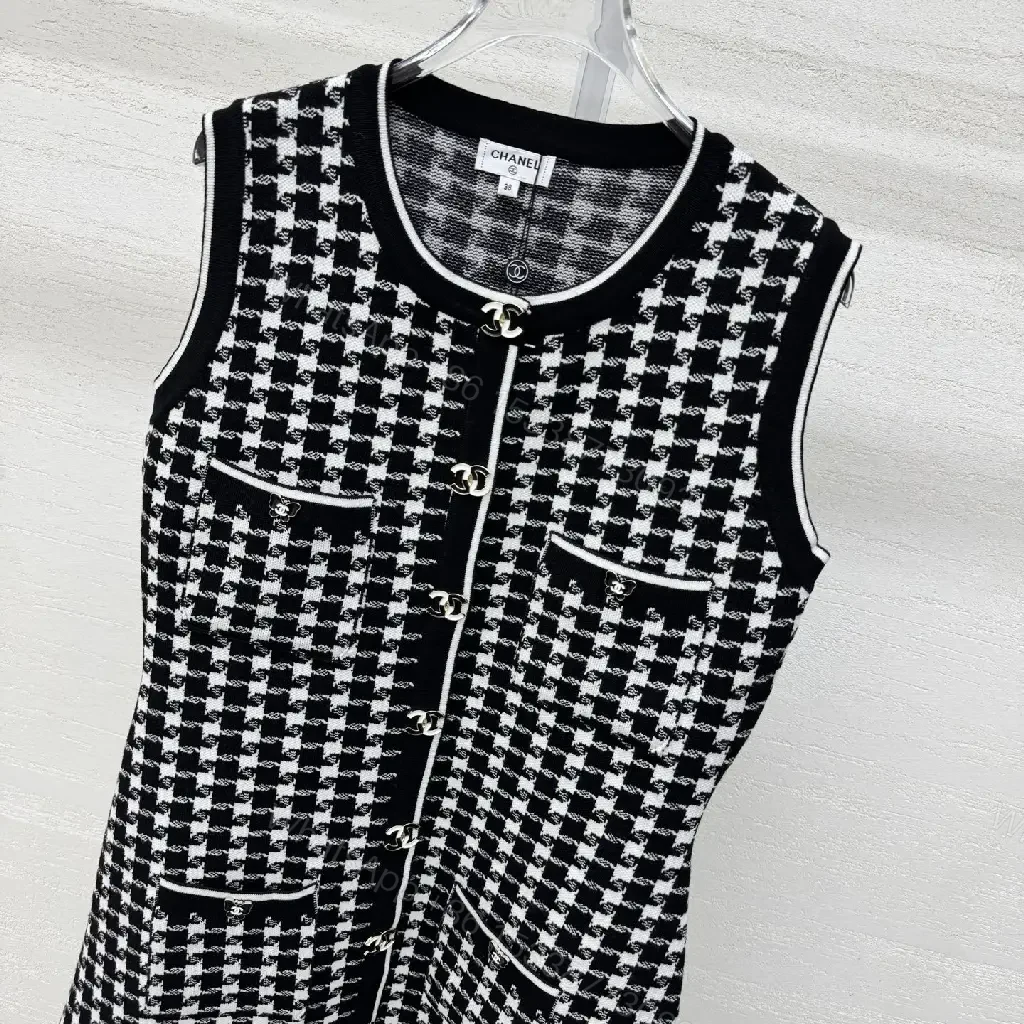 View 11 of Chic Textured Sleeveless Dress with Bold Houndstooth Pattern