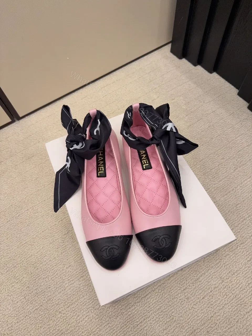 View 3 of Pink Quilted Leather Ballet Flats with Gold Hoop Accent - Cap Toe Detail