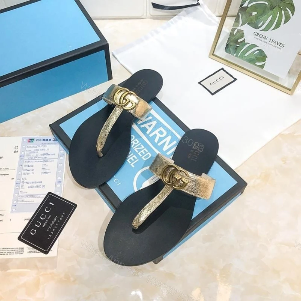 View 4 of Gucci Thong Sandals With Double G Gold