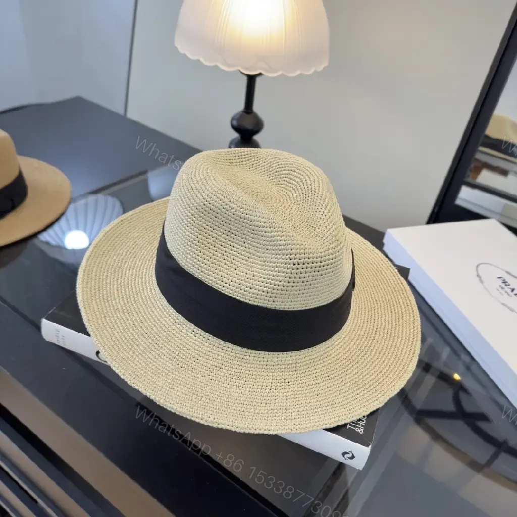 View 9 of Natural Beige Straw Panama Hat with Black Prada Band