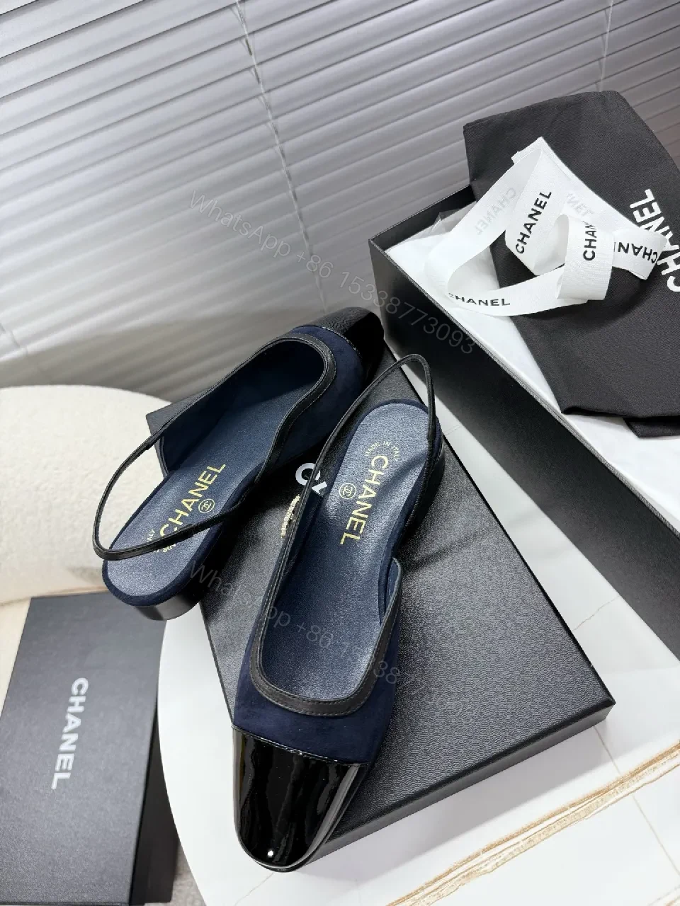 View 4 of Navy Velvet Mules with Patent Toe – Sleek Designer-Inspired Style