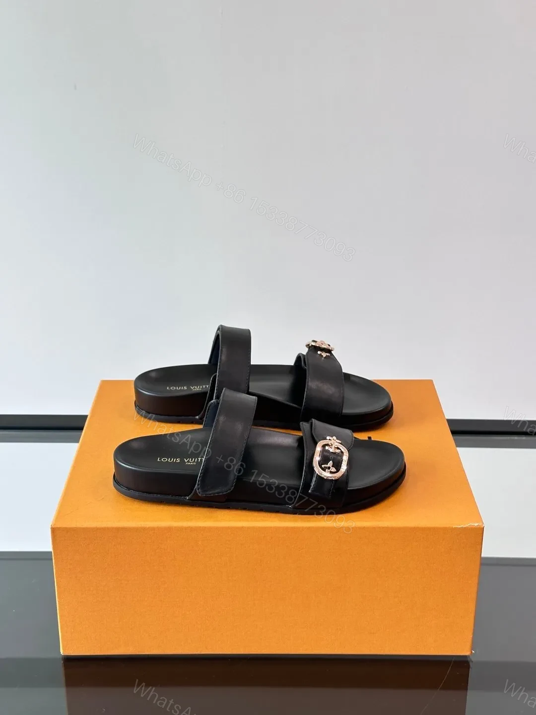 LV Men Black Leather Slides — view 1