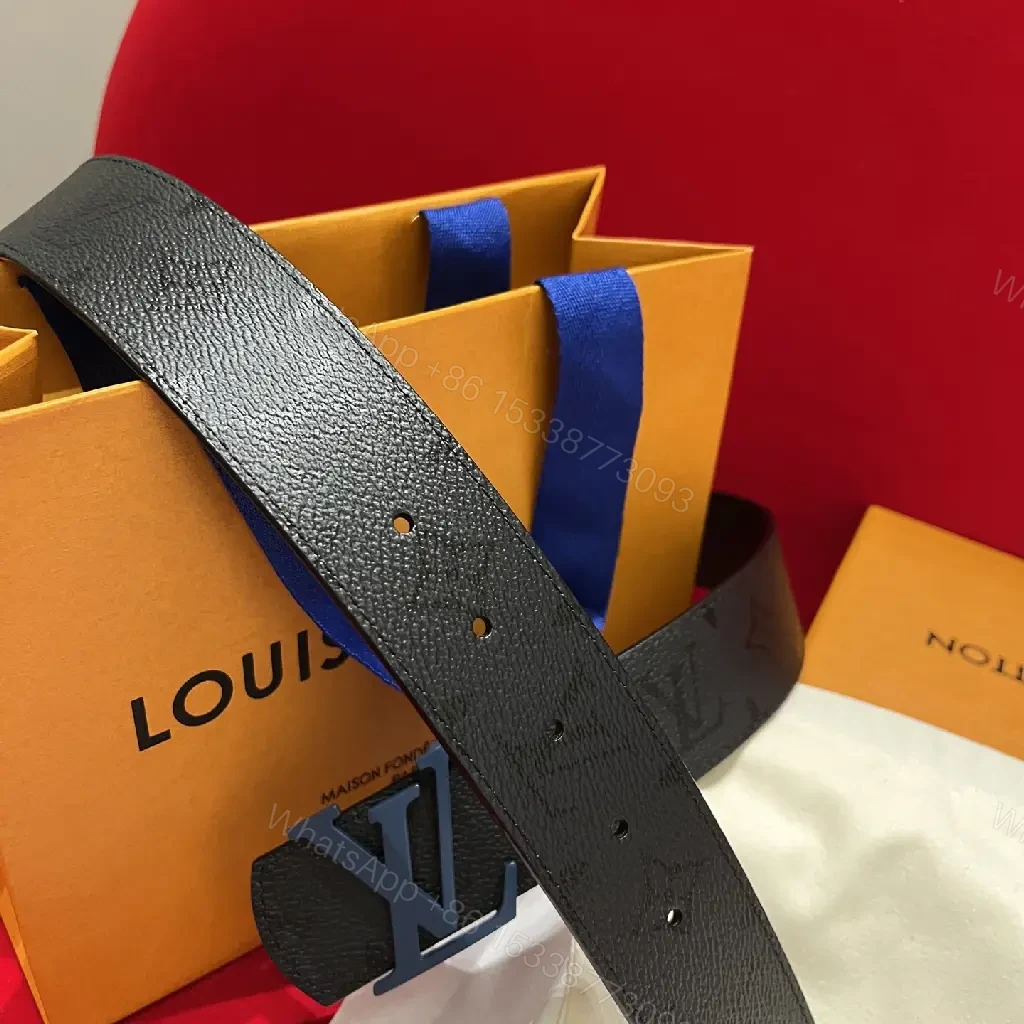 View 7 of Black Leather Belt with Oversized Blue LV Buckle