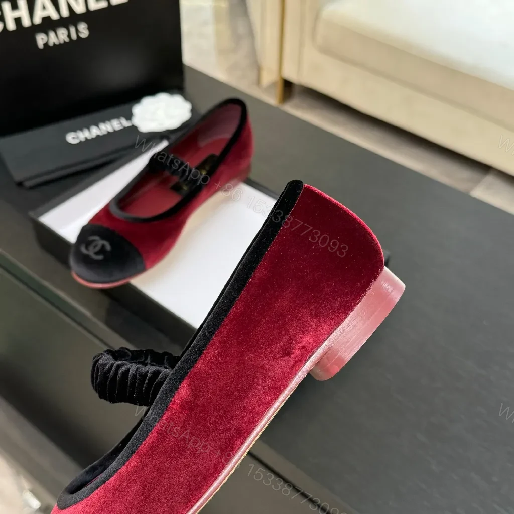 View 5 of Red Velvet Ballet Flats with Black Cap Toe, Velvet Detail, Signature Embellishment