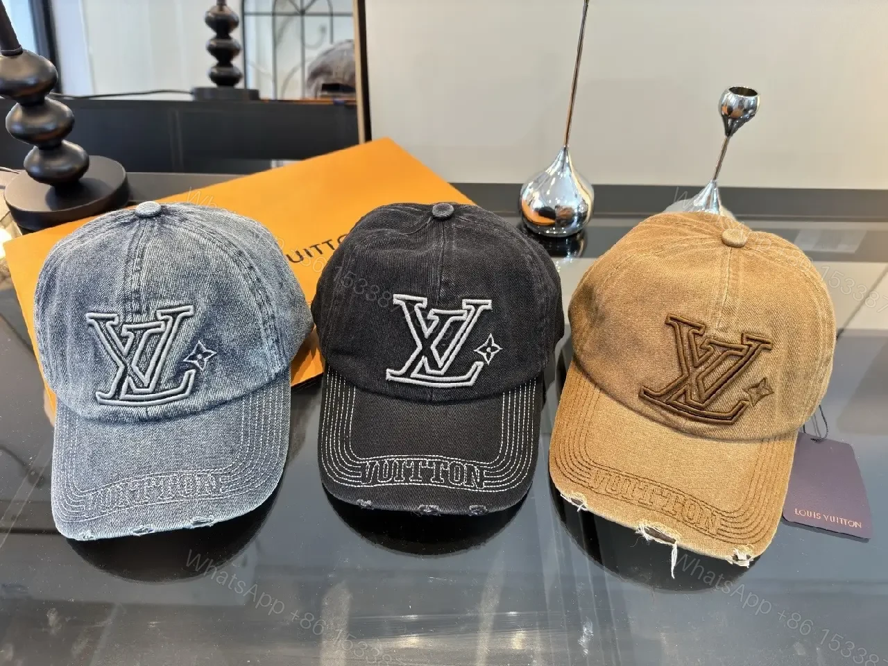 View 2 of Casual Luxe Cap: Distressed Tan Cotton with LV Logo