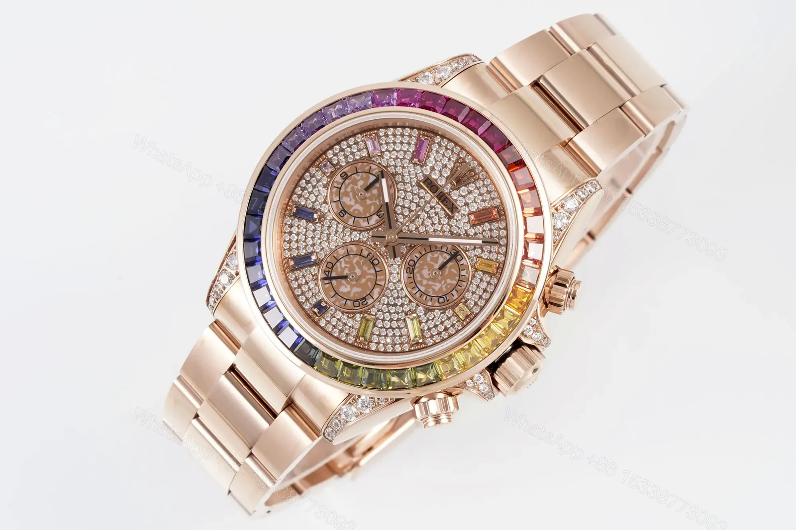 Majestic rose gold pavé daytona replica 40MM Rainbow Bezel Edition ROLEX-DAYTONA-PINK-RB-40 — view 1