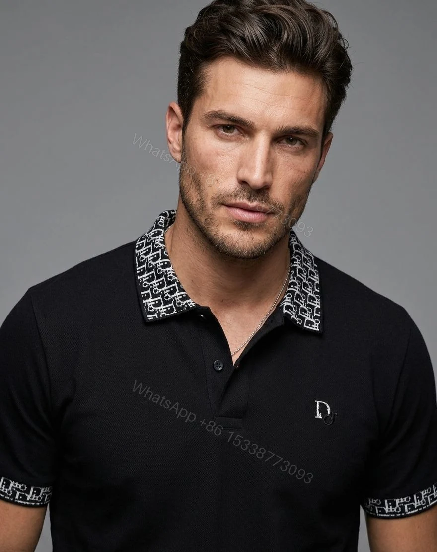 Premium Dior First Copy Polo Shirt for Men – Luxury Logo Pattern Collar | Black & White — view 2