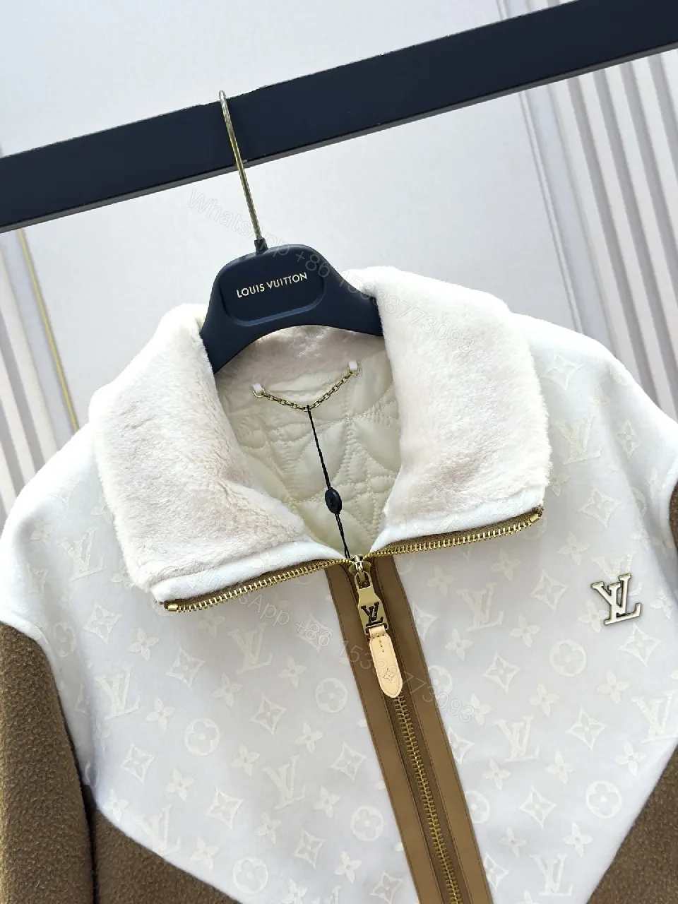 View 3 of Brown & Off-White Monogram Varsity Jacket: Rich Texture, Modern Luxury
