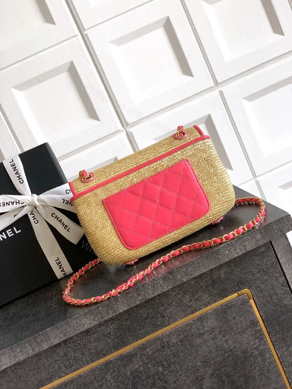 View 4 of Pink Trim Straw Bag with Chain Accent Compact Everyday Luxe