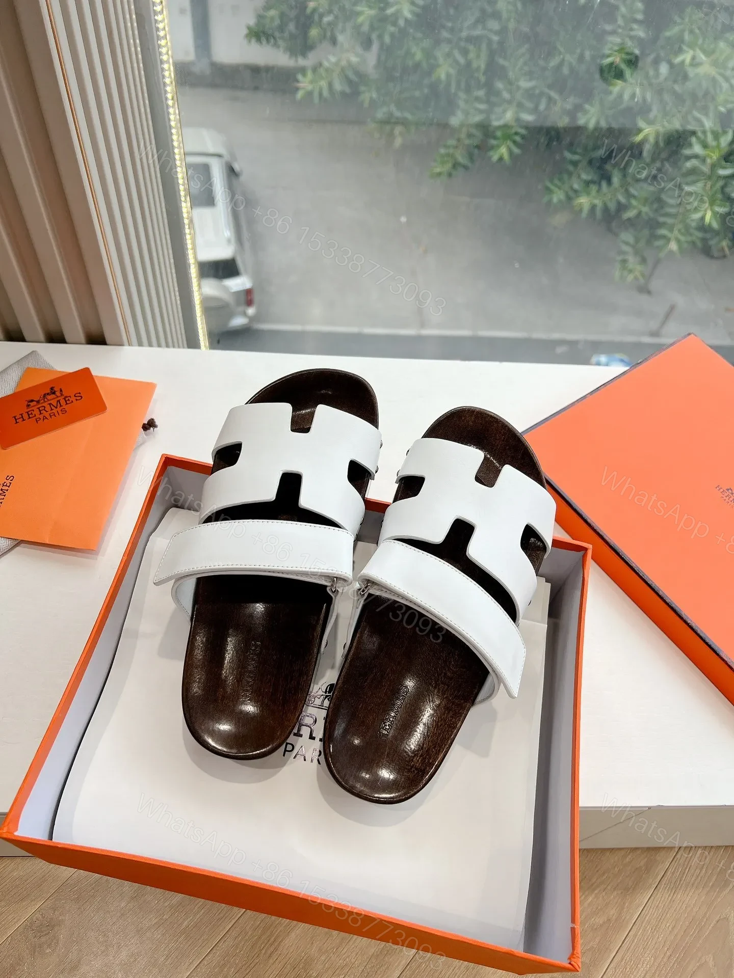 View 4 of Hermes Women White Leather Wood Insole Sandals