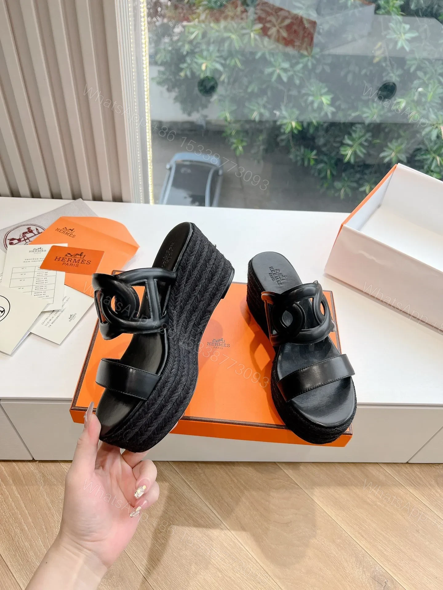 View 6 of Hermes Women Black Leather Slip-On Sandals