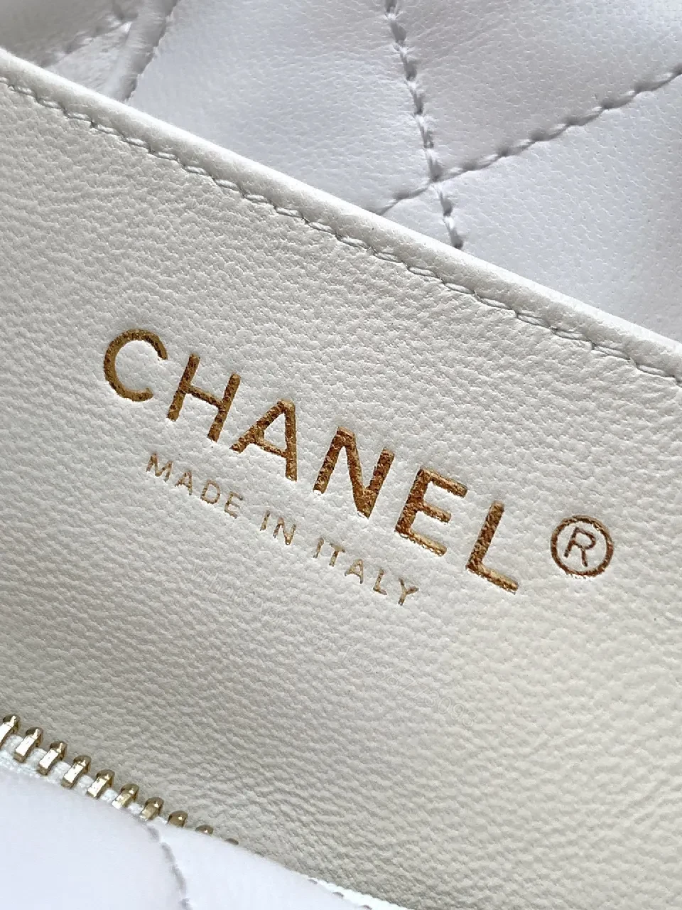View 7 of Pearl White Quilted Satin Mini Bag with Bow Detail and Gold Logo