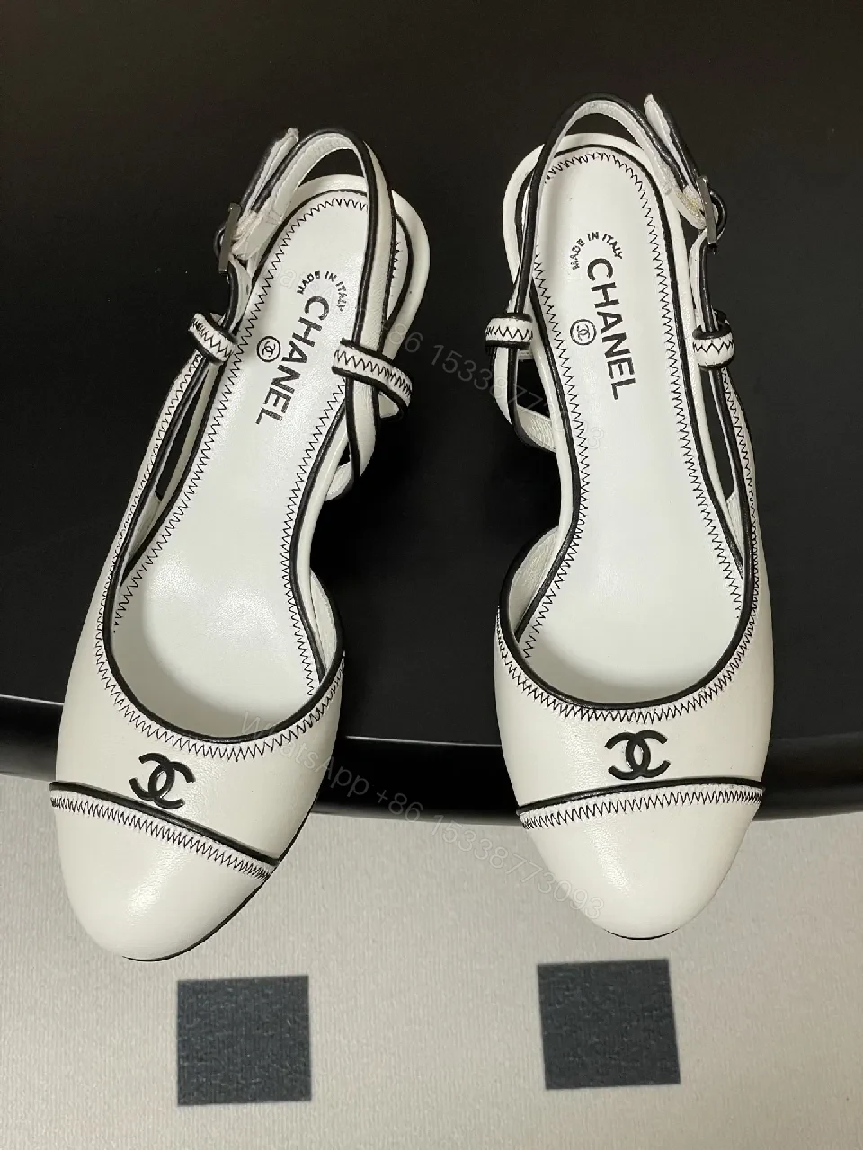 View 6 of White Leather Slingback Kitten Heels with Contrast Stitch